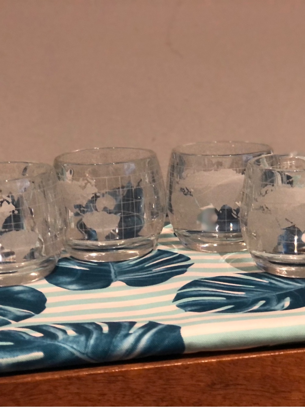 Nestle Nescafe world globe mugs made of clear, etched glass
